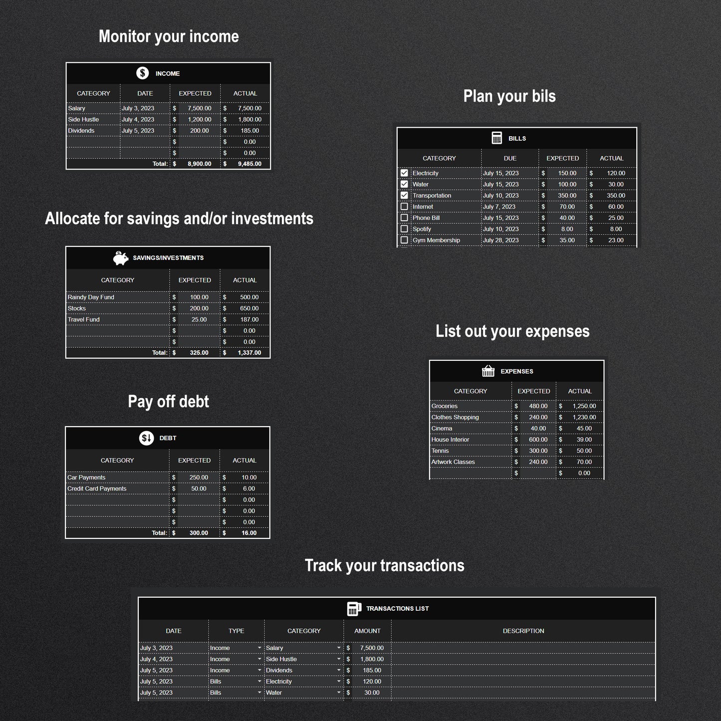 Monthly Budget Tracker (Dark Theme)