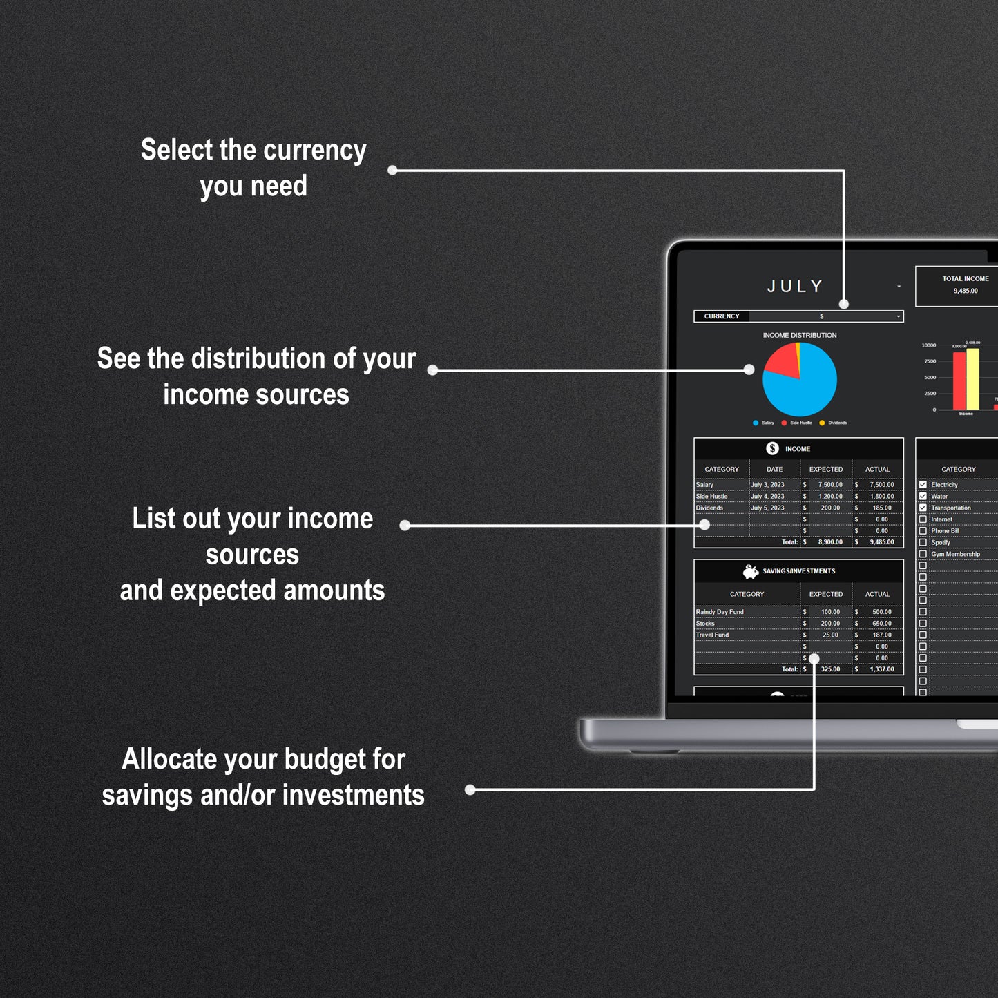 Monthly Budget Tracker (Dark Theme)